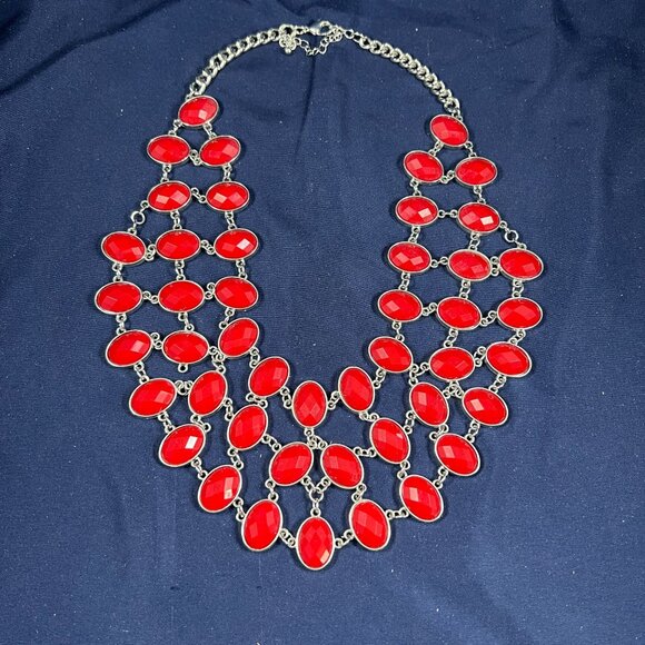 Silver Tone Red Faceted Statement Necklace Bold Fashion Jewelry Womens Accessori - Picture 1 of 2